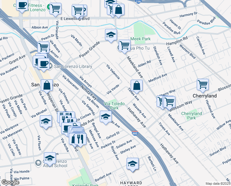 map of restaurants, bars, coffee shops, grocery stores, and more near 80 Via Hermosa in San Lorenzo