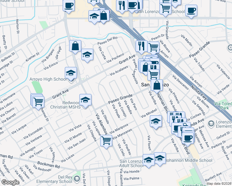 map of restaurants, bars, coffee shops, grocery stores, and more near 15957 Via Media in San Lorenzo