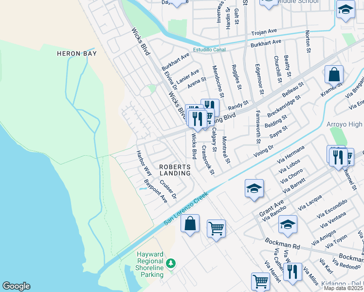 map of restaurants, bars, coffee shops, grocery stores, and more near 63 Sandev Way in San Leandro