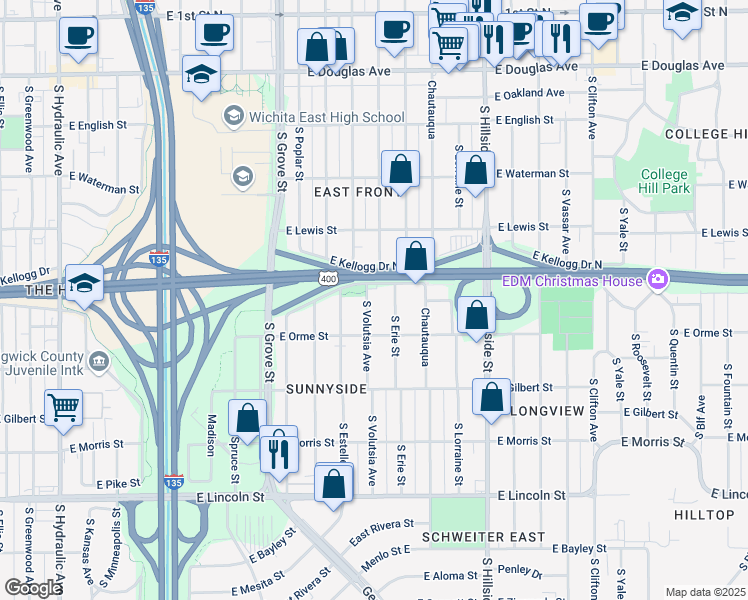 map of restaurants, bars, coffee shops, grocery stores, and more near 518 South Volutsia Street in Wichita