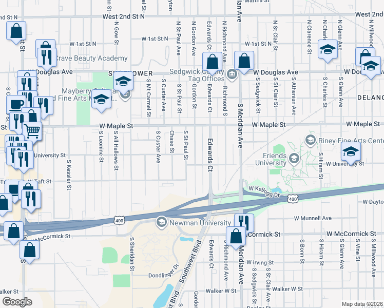 map of restaurants, bars, coffee shops, grocery stores, and more near 531 Gordon South in Wichita