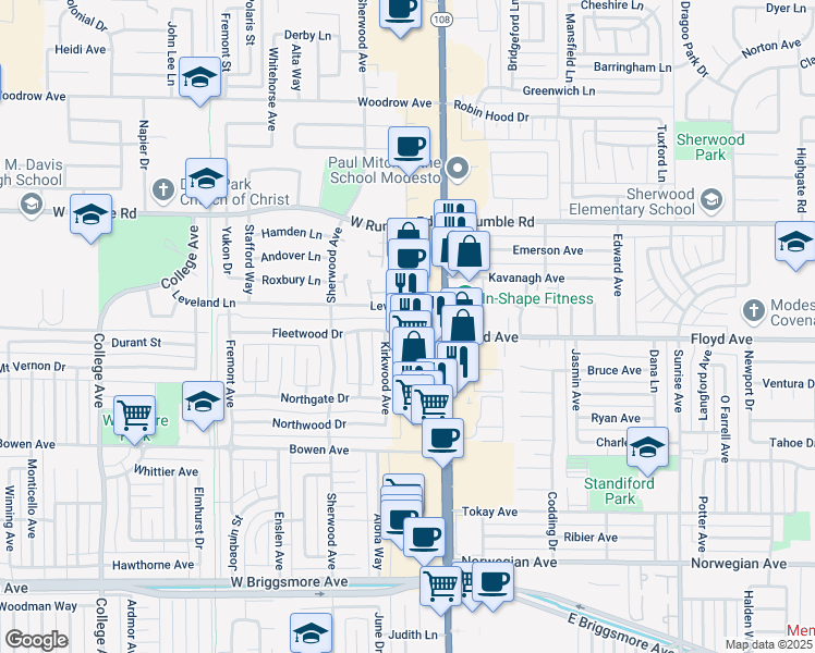 map of restaurants, bars, coffee shops, grocery stores, and more near 2518 Kirkwood Avenue in Modesto