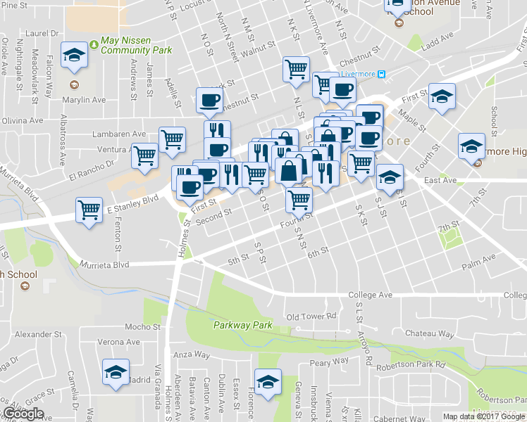 map of restaurants, bars, coffee shops, grocery stores, and more near 1688 3rd Street in Livermore