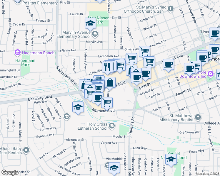 map of restaurants, bars, coffee shops, grocery stores, and more near 1013 East Stanley Boulevard in Livermore