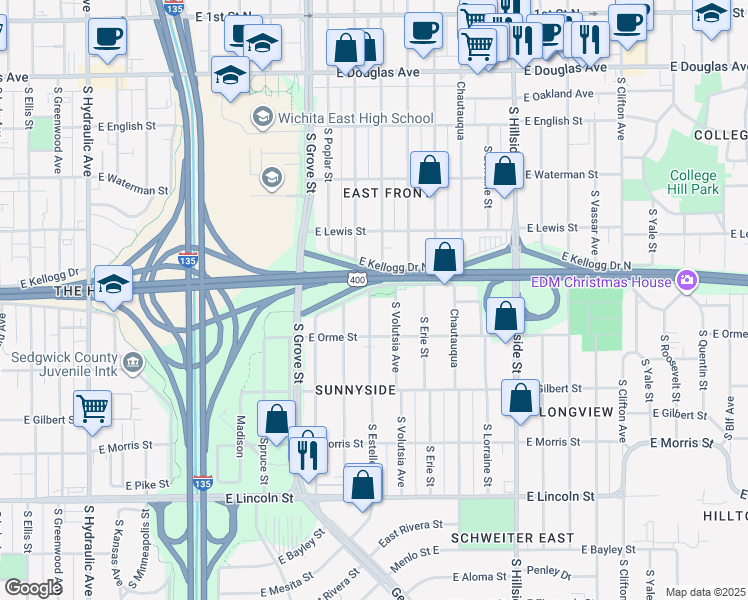 map of restaurants, bars, coffee shops, grocery stores, and more near 518 S Estelle St in Wichita