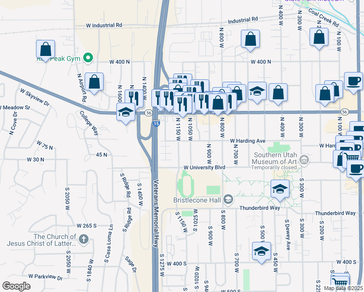 map of restaurants, bars, coffee shops, grocery stores, and more near 86 North 1150 West in Cedar City