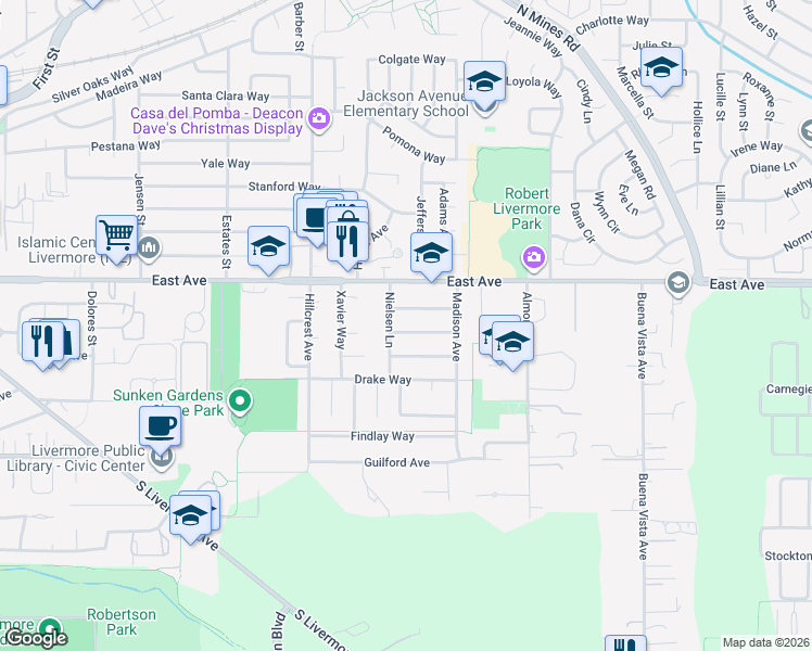 map of restaurants, bars, coffee shops, grocery stores, and more near 4268 Baylor Way in Livermore