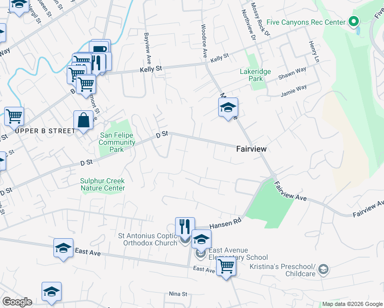 map of restaurants, bars, coffee shops, grocery stores, and more near 23884 Madeiros Avenue in Hayward