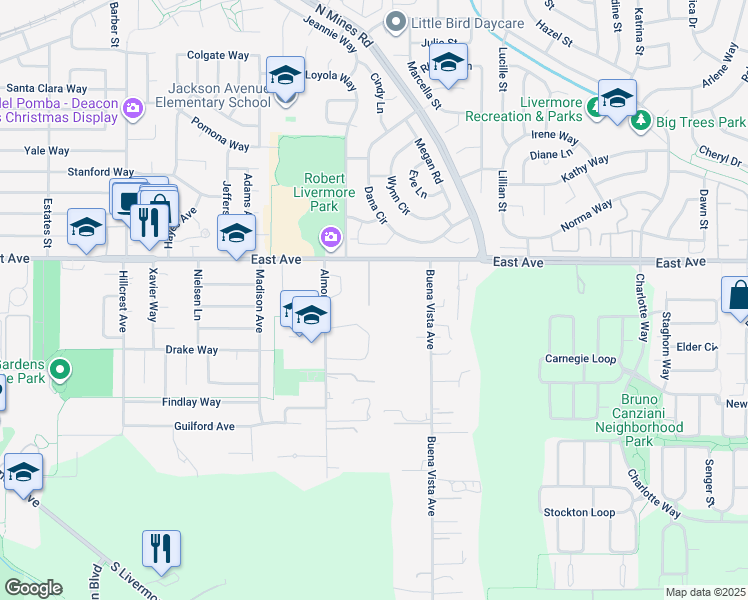 map of restaurants, bars, coffee shops, grocery stores, and more near 1368 Pegan Common in Livermore