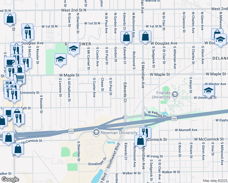 map of restaurants, bars, coffee shops, grocery stores, and more near 531 Gordon Street in Wichita