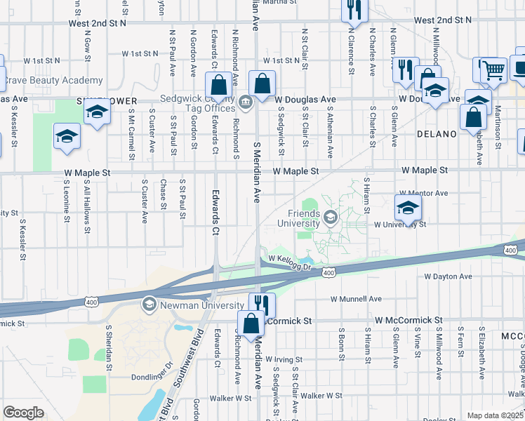 map of restaurants, bars, coffee shops, grocery stores, and more near 520 South Meridian Avenue in Wichita