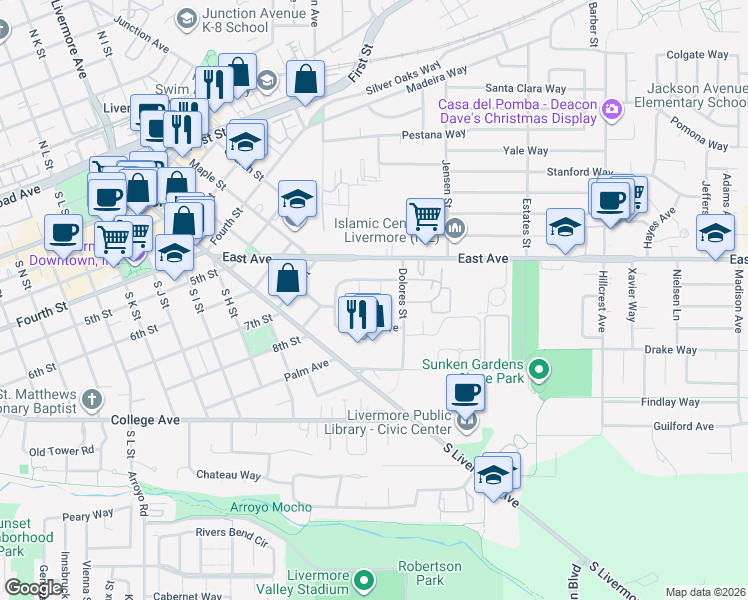 map of restaurants, bars, coffee shops, grocery stores, and more near 865 Bower Court in Livermore