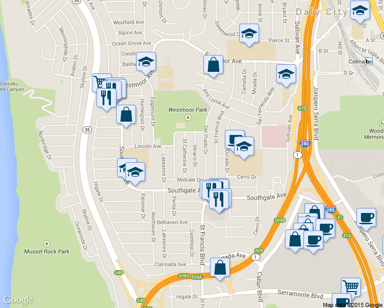 map of restaurants, bars, coffee shops, grocery stores, and more near 240 Verano Drive in Daly City