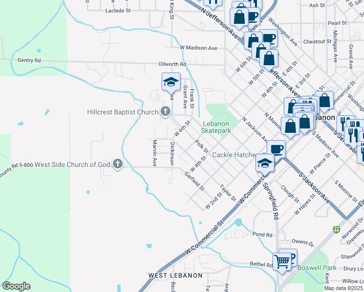 map of restaurants, bars, coffee shops, grocery stores, and more near 528 Taylor Street in Lebanon