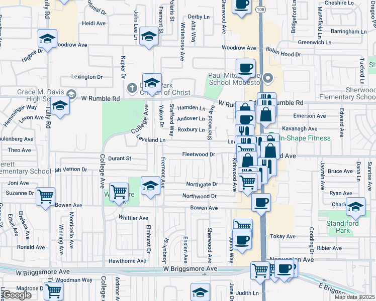 map of restaurants, bars, coffee shops, grocery stores, and more near 509 Fleetwood Dr in Modesto