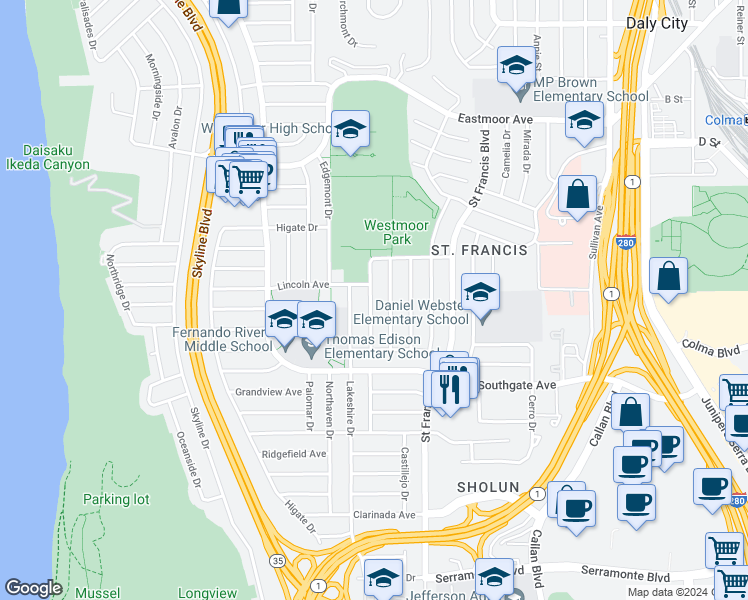 map of restaurants, bars, coffee shops, grocery stores, and more near 221 Mariposa Avenue in Daly City