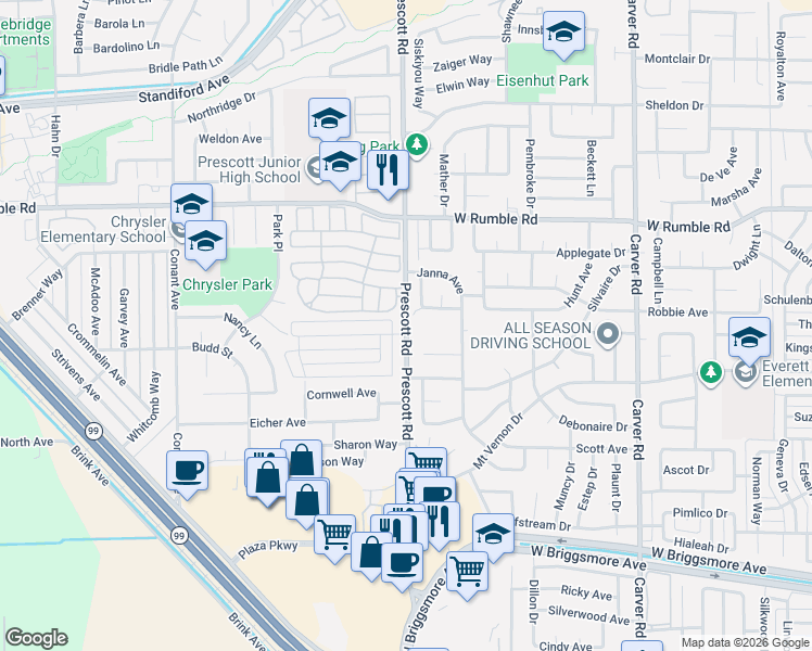 map of restaurants, bars, coffee shops, grocery stores, and more near 2501 Prescott Road in Modesto