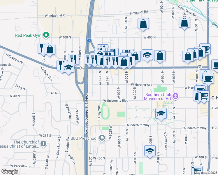 map of restaurants, bars, coffee shops, grocery stores, and more near 61 North 900 West in Cedar City