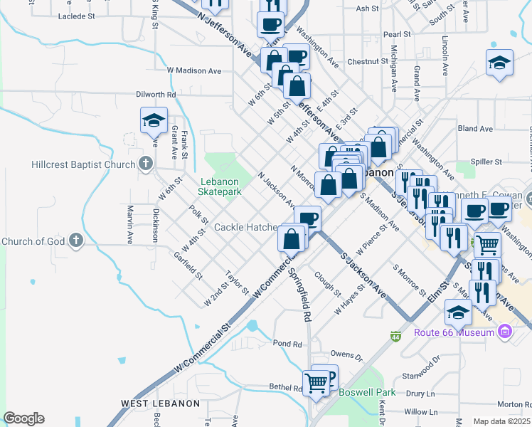 map of restaurants, bars, coffee shops, grocery stores, and more near 280 North Vanburen Avenue in Lebanon