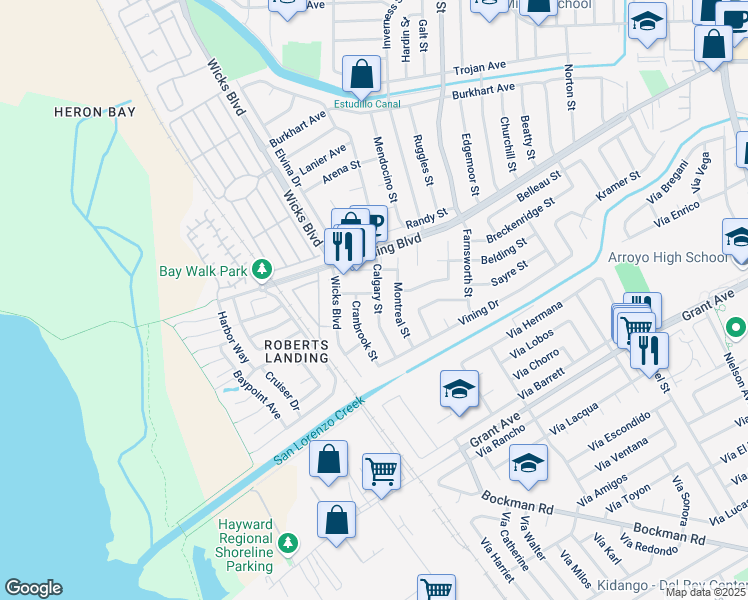map of restaurants, bars, coffee shops, grocery stores, and more near 1960 Quebec Avenue in San Leandro