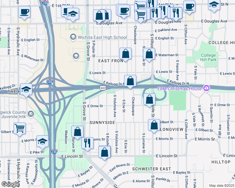 map of restaurants, bars, coffee shops, grocery stores, and more near 518 South Volutsia Street in Wichita