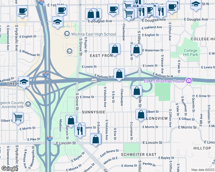 map of restaurants, bars, coffee shops, grocery stores, and more near 518 South Volutsia Street in Wichita