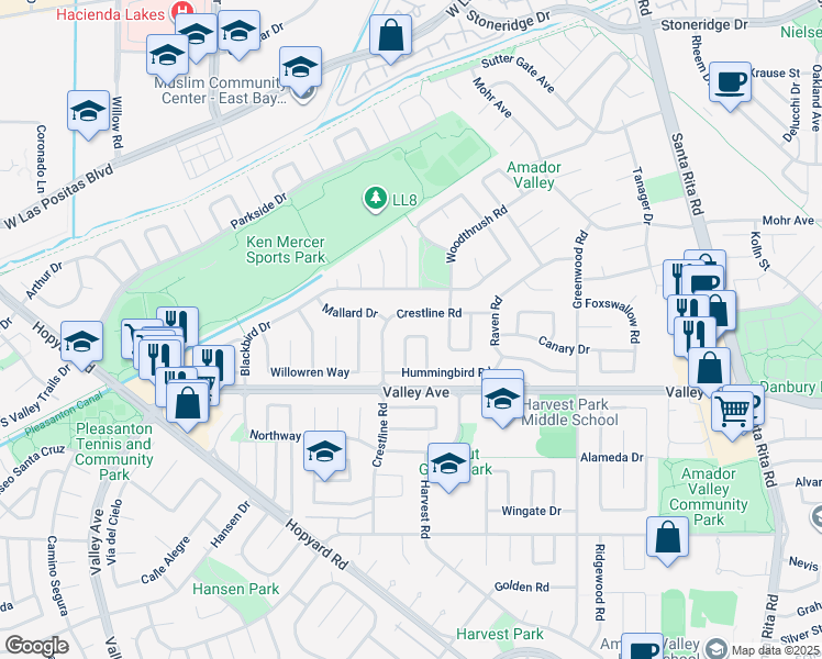 map of restaurants, bars, coffee shops, grocery stores, and more near 2344 Sandpiper Way in Pleasanton