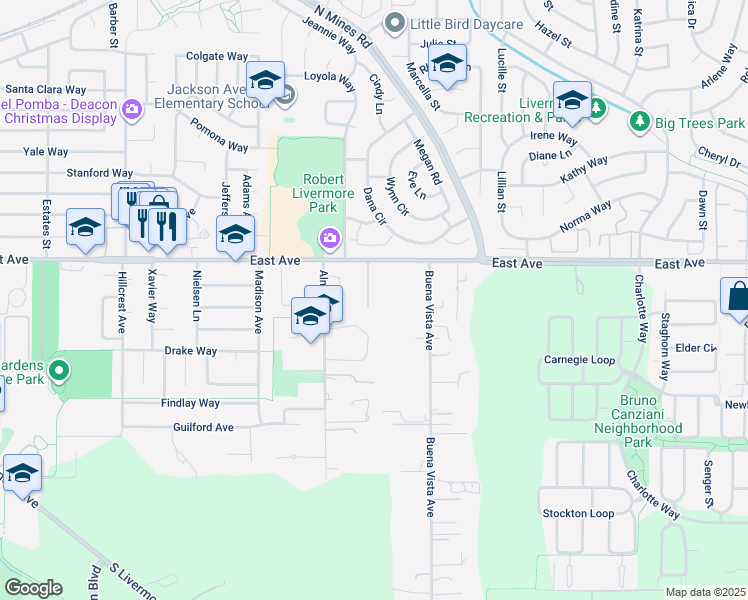 map of restaurants, bars, coffee shops, grocery stores, and more near 1368 Pegan Common in Livermore