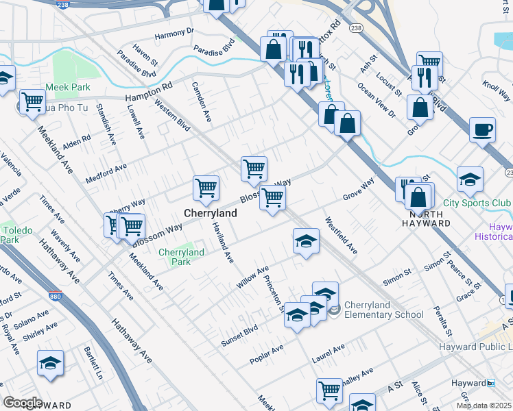 map of restaurants, bars, coffee shops, grocery stores, and more near 639 Blossom Way in Hayward