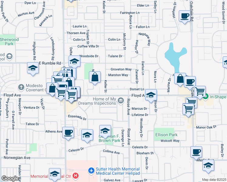 map of restaurants, bars, coffee shops, grocery stores, and more near 1616 Dorset Lane in Modesto