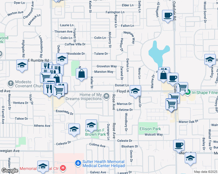 map of restaurants, bars, coffee shops, grocery stores, and more near 1712 Dorset Lane in Modesto