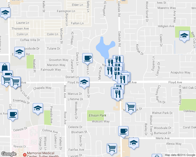 map of restaurants, bars, coffee shops, grocery stores, and more near 2036 Dorset Lane in Modesto