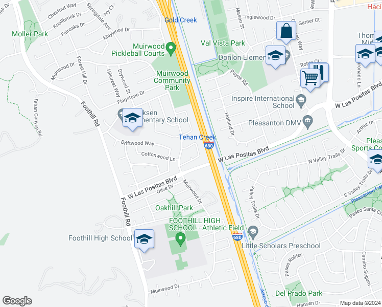 map of restaurants, bars, coffee shops, grocery stores, and more near 4291 Tulipwood Court in Pleasanton
