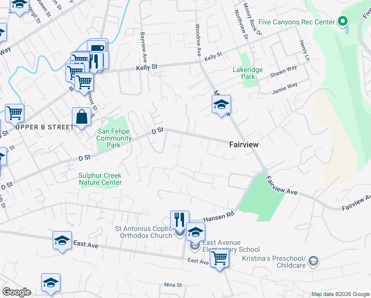 map of restaurants, bars, coffee shops, grocery stores, and more near 23884 Madeiros Avenue in Hayward
