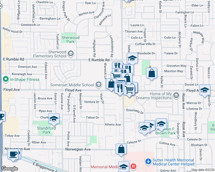 map of restaurants, bars, coffee shops, grocery stores, and more near 2606 Warwick Lane in Modesto