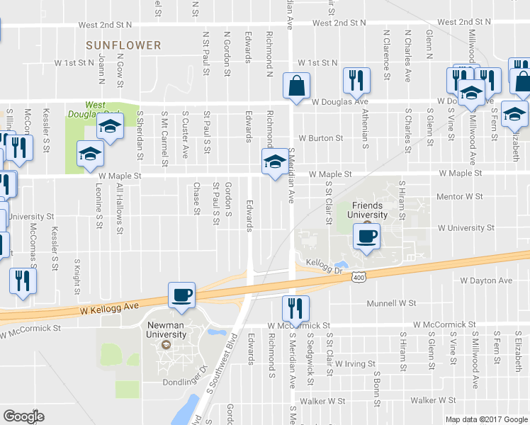 map of restaurants, bars, coffee shops, grocery stores, and more near 527 Richmond South in Wichita