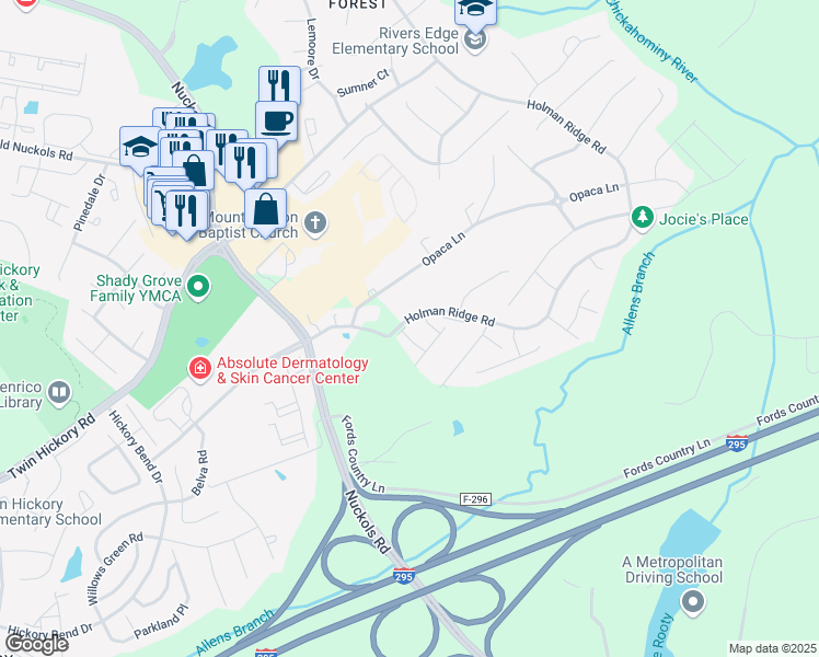 map of restaurants, bars, coffee shops, grocery stores, and more near 5618 Benoni Court in Glen Allen