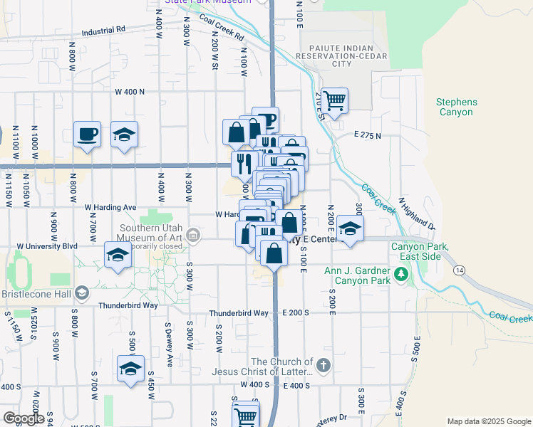 map of restaurants, bars, coffee shops, grocery stores, and more near 26 West Harding Avenue in Cedar City