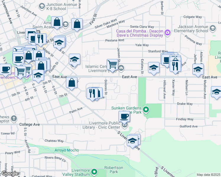 map of restaurants, bars, coffee shops, grocery stores, and more near 3620 Carrigan Common in Livermore