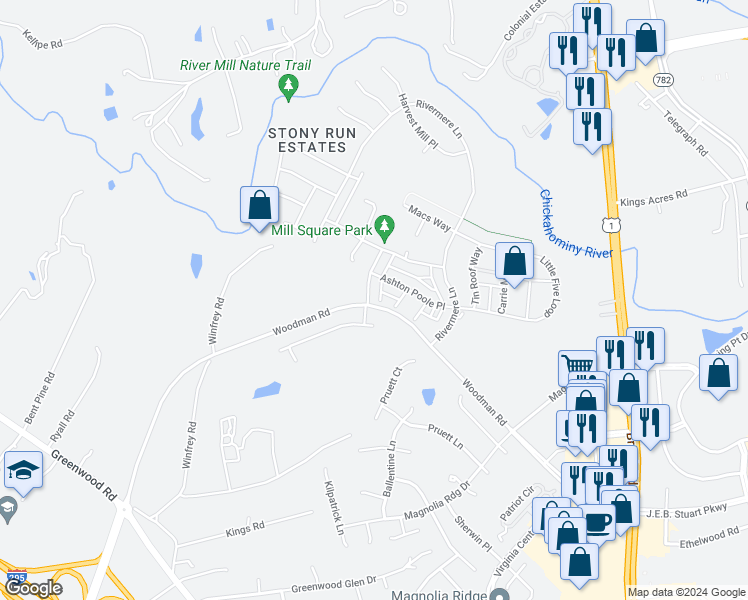 map of restaurants, bars, coffee shops, grocery stores, and more near 3001 Farmstead Mill Drive in Glen Allen