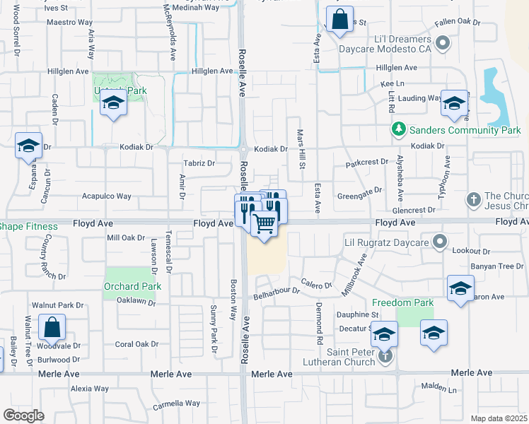 map of restaurants, bars, coffee shops, grocery stores, and more near 3055 Floyd Avenue in Modesto
