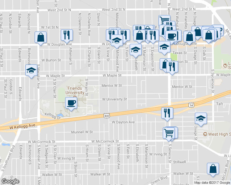 map of restaurants, bars, coffee shops, grocery stores, and more near 525 South Millwood Avenue in Wichita