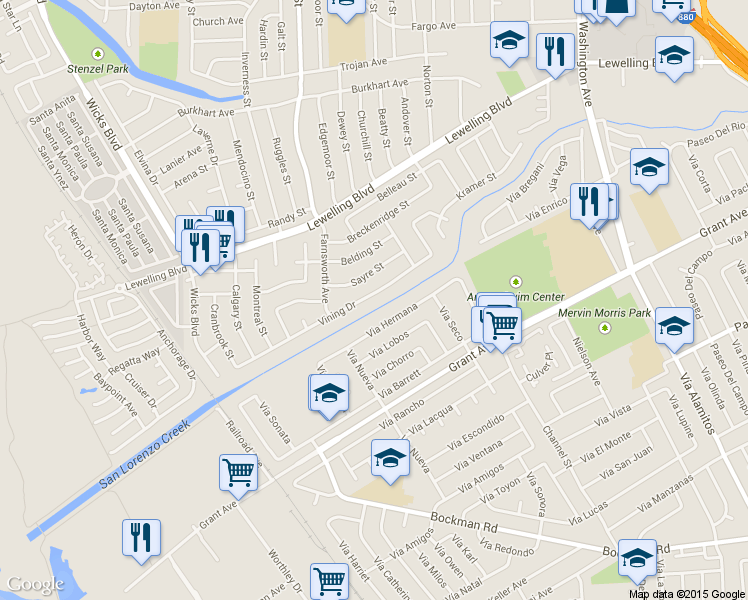 map of restaurants, bars, coffee shops, grocery stores, and more near 1512 Vining Drive in San Leandro