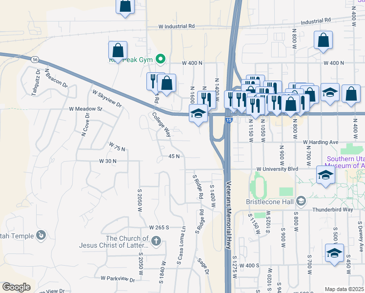 map of restaurants, bars, coffee shops, grocery stores, and more near 76 College Way in Cedar City