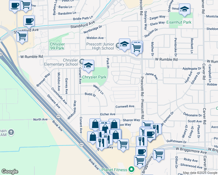 map of restaurants, bars, coffee shops, grocery stores, and more near 2309 Chrysler Drive in Modesto