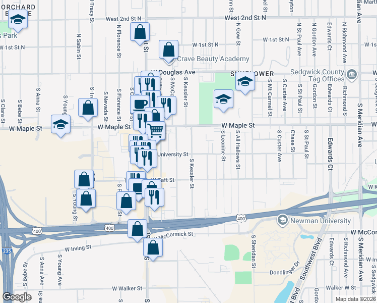 map of restaurants, bars, coffee shops, grocery stores, and more near 365 Kessler South Street in Wichita