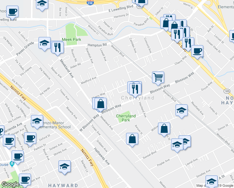 map of restaurants, bars, coffee shops, grocery stores, and more near 311 Saint George Street in Hayward