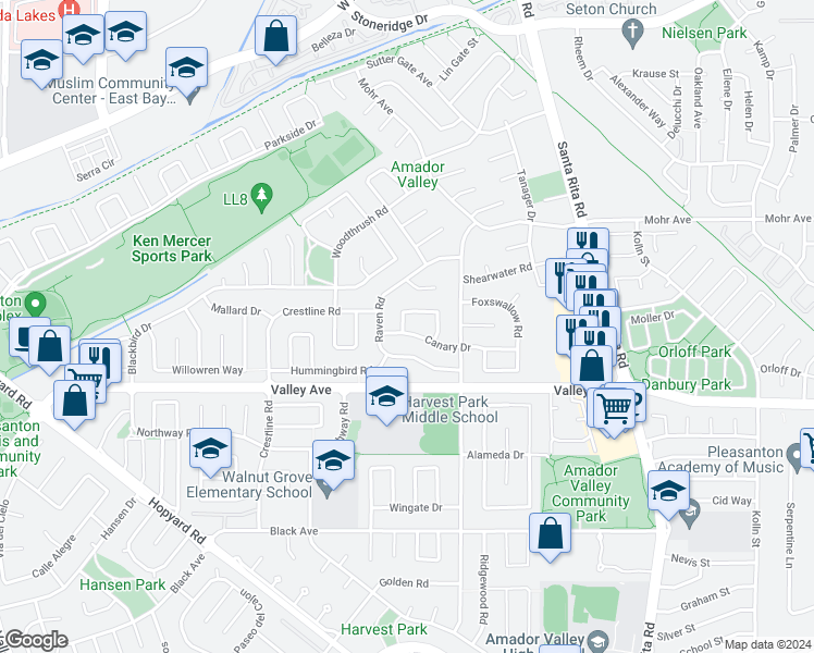 map of restaurants, bars, coffee shops, grocery stores, and more near 4893 Canary Drive in Pleasanton