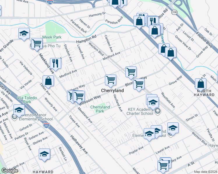 map of restaurants, bars, coffee shops, grocery stores, and more near 20923 Haviland Avenue in Hayward