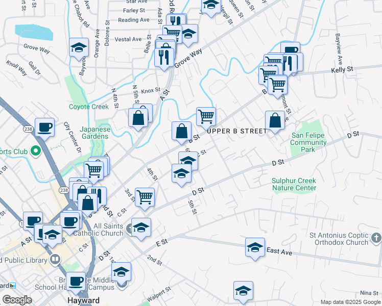 map of restaurants, bars, coffee shops, grocery stores, and more near 22644 6th Street in Hayward